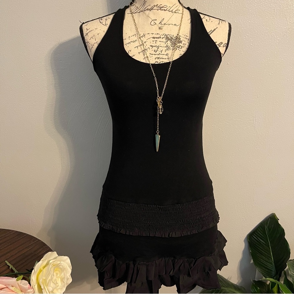 Luna Arza Black Halter Mini Dress Open Back Ruffle Hem Y2K Resort